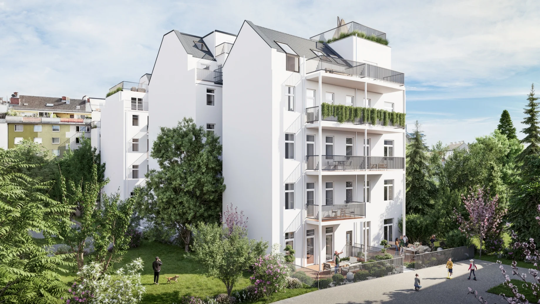 Modernes Wohngebäude mit großzügigen Balkonen und grünem Gemeinschaftsgarten.